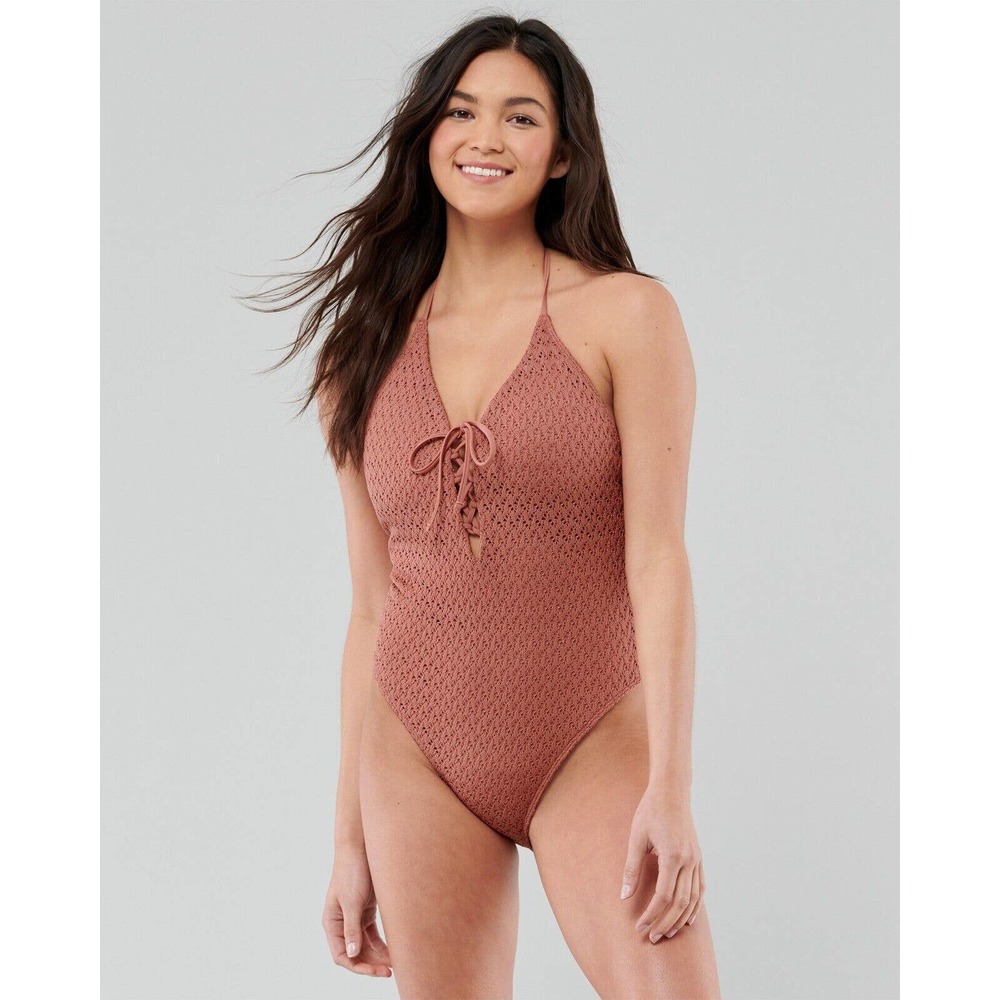 Hollister Crochet One Piece Swimsuit Lace Up Halter XS Rose Pink Excellent